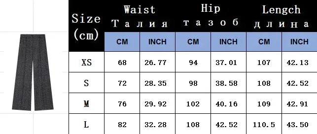 Size chart for pants with measurements in centimeters and inches.