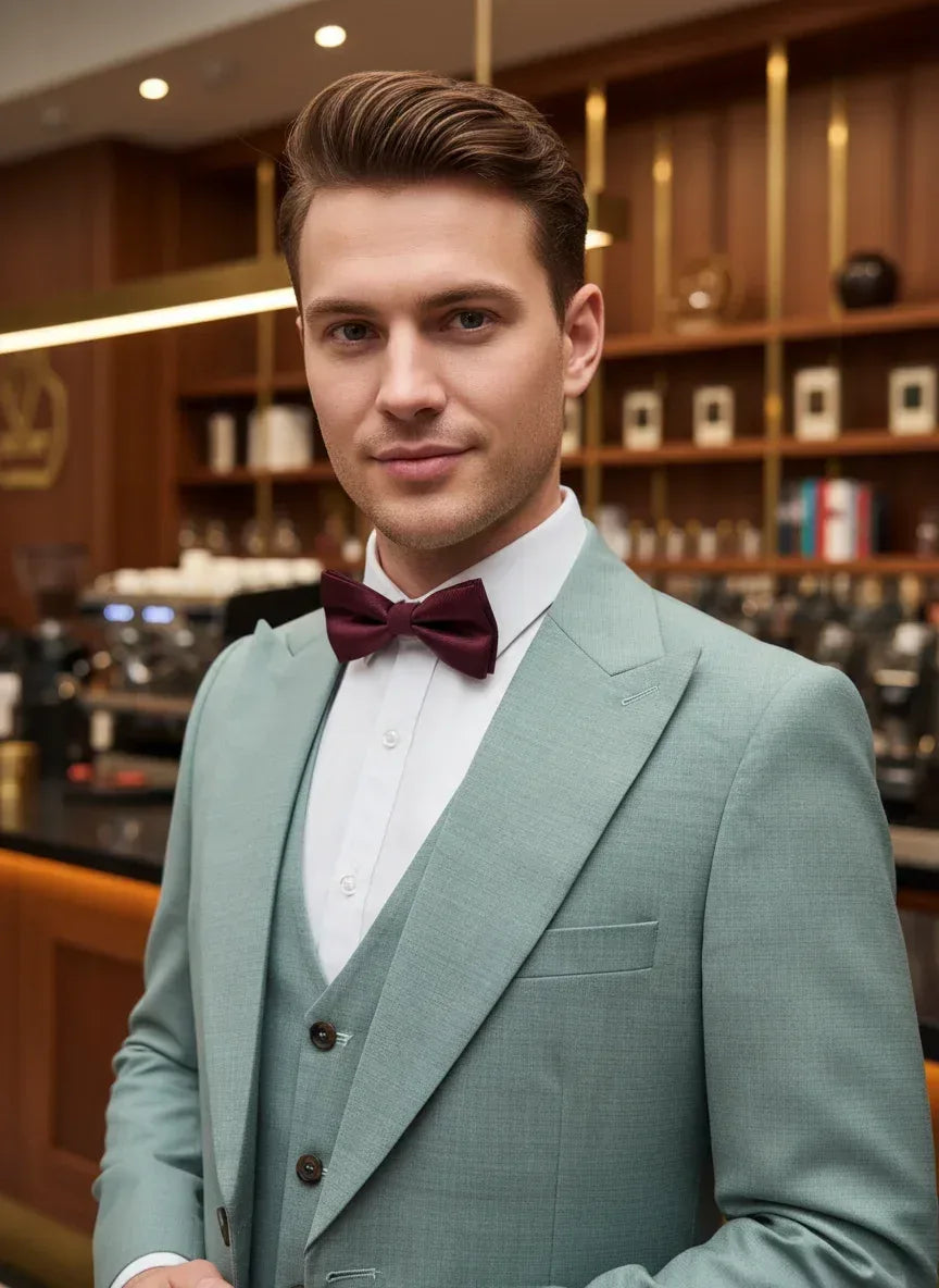 Close-up of a designer green suit jacket and tailored waistcoat featuring high-quality fabric and a classic notch lapel.- BetterPlace