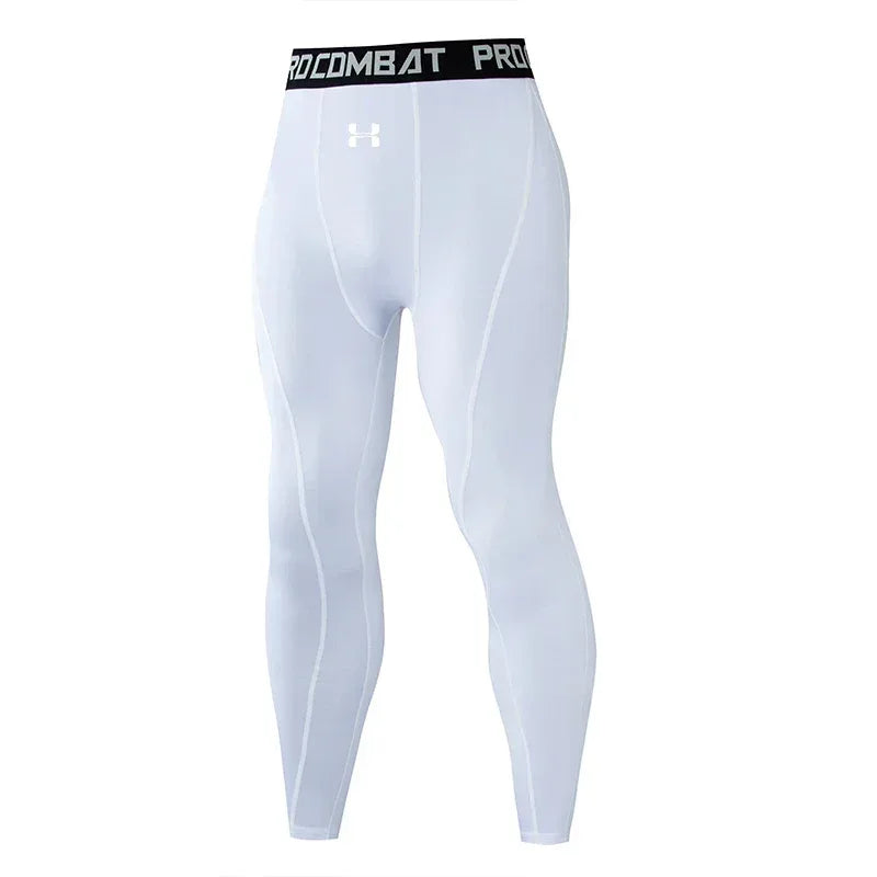 White compression leggings with a black 'Pro Combat' waistband on a white background