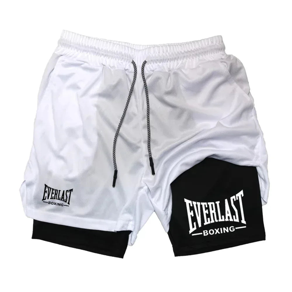 White athletic shorts with black accents and Everlast Boxing logo on a white background
