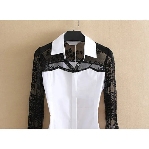 White shirt with black lace sleeves on a beige background
