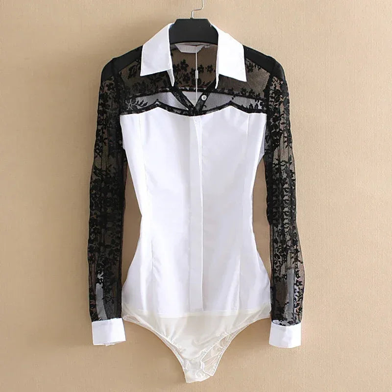 White bodysuit with black lace detailing on a beige background