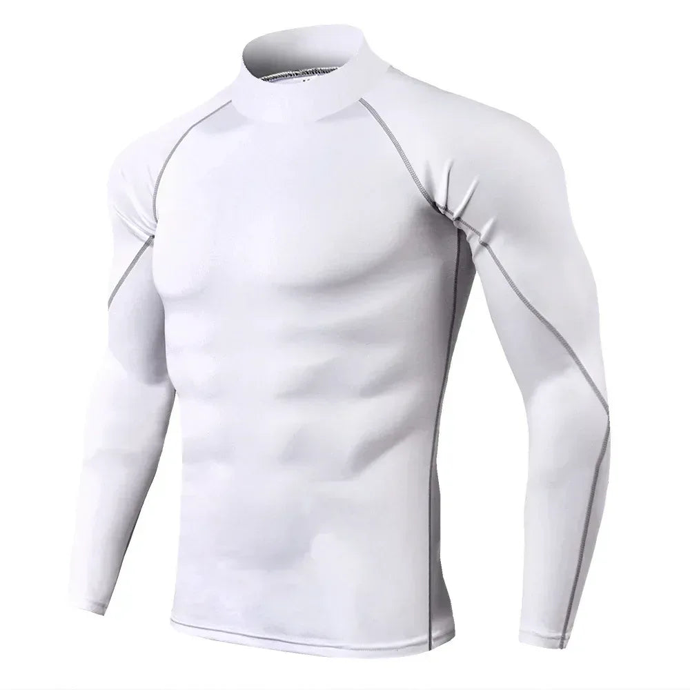 white with black stitching Front view of a men’s quick-dry compression shirt featuring a high-stretch athletic fit and crew neck- BetterPlace