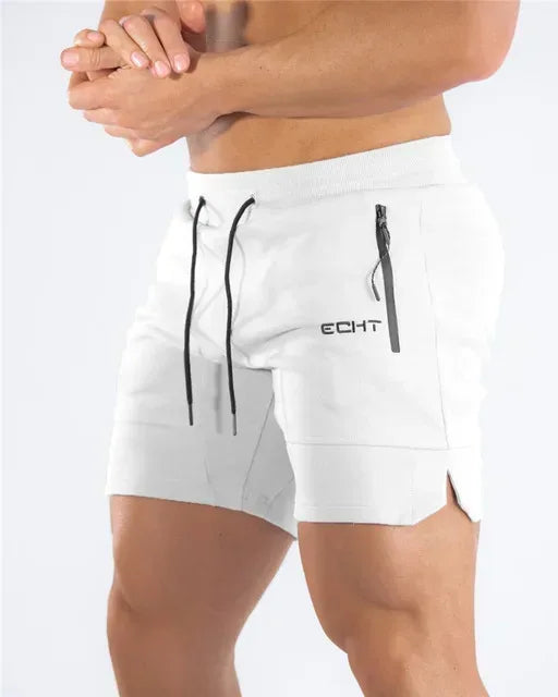 White shorts with black drawstrings and branding on a white background