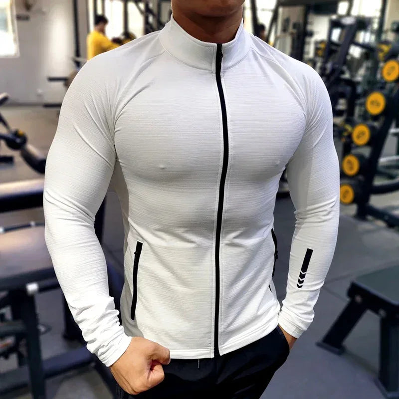 white Front view of a men’s lightweight running jacket featuring a full-zip front and breathable quick-dry fabric - BetterPlace