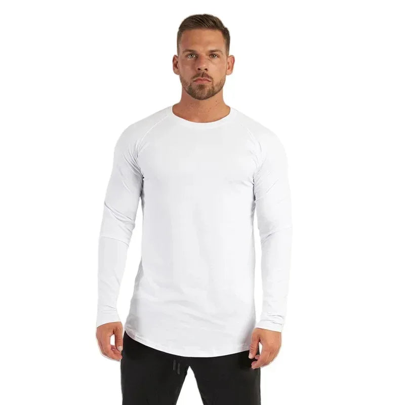 Man wearing a white long-sleeve shirt on a white background