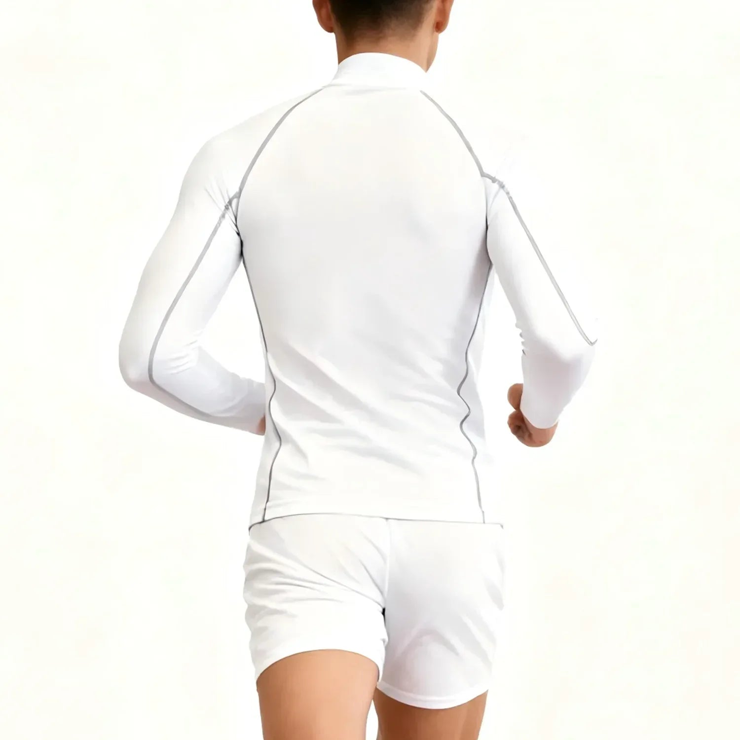 Person wearing a white long-sleeve shirt and shorts on a white background