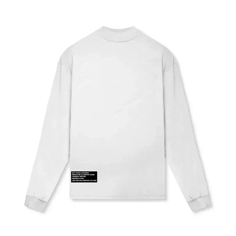 White long-sleeve shirt with a black label on a white background