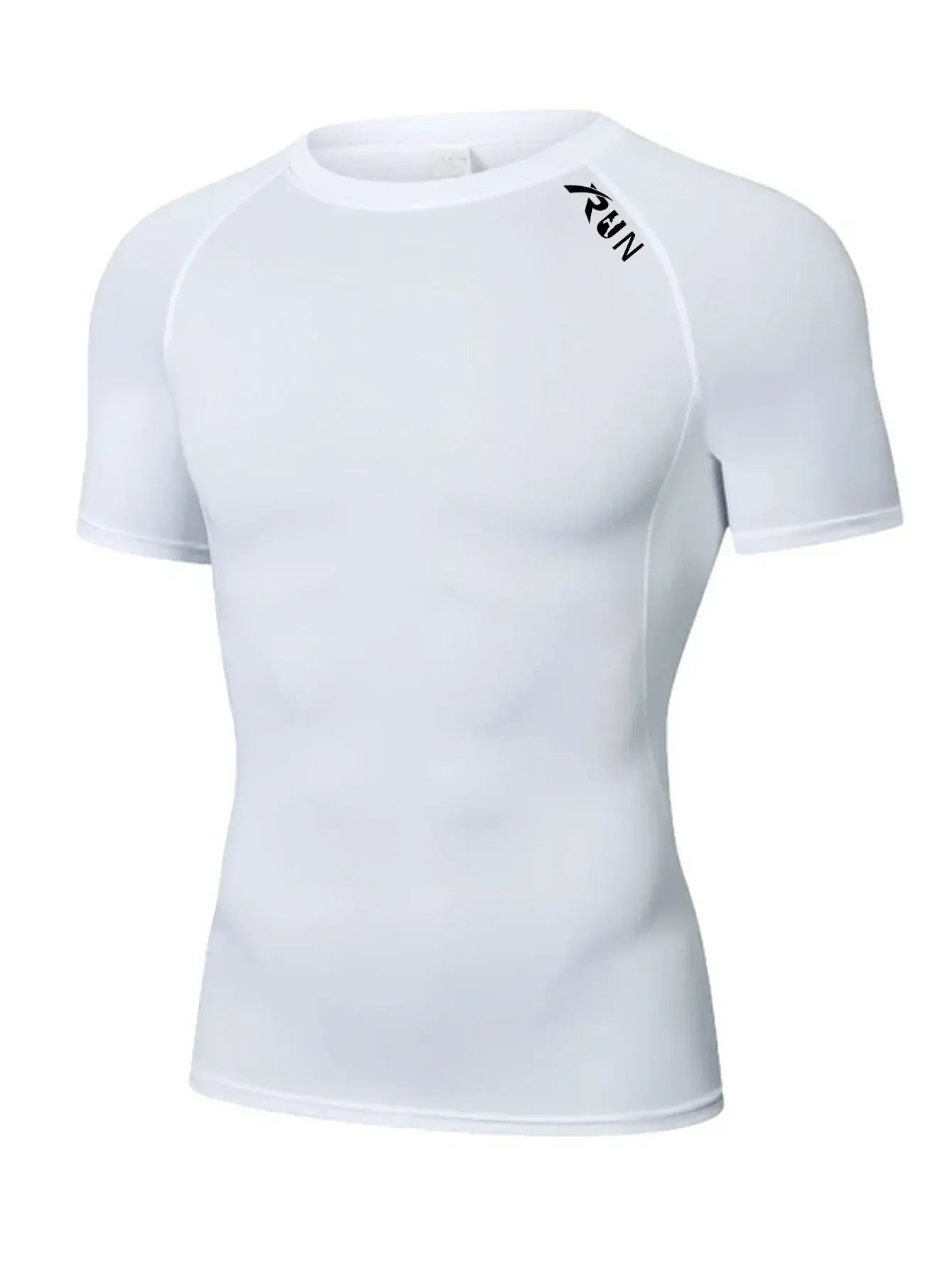 white on white Front view of a men’s short sleeve quick-dry compression shirt featuring a high-stretch crew neck fit- BetterPlace