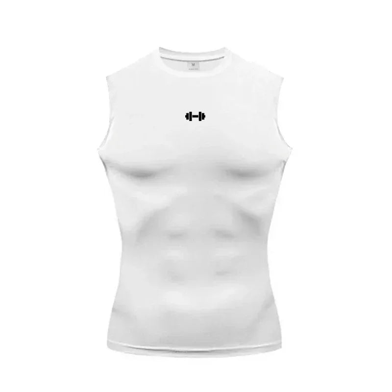 White sleeveless shirt with a black dumbbell icon on a white background
