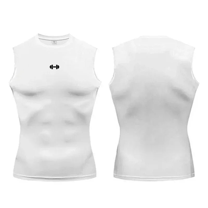 White sleeveless athletic top with a black dumbbell icon on a white background