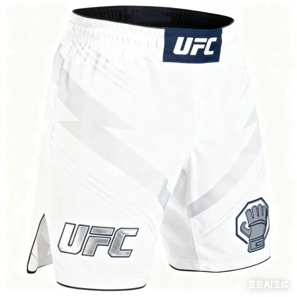 White UFC shorts with branding on a white background