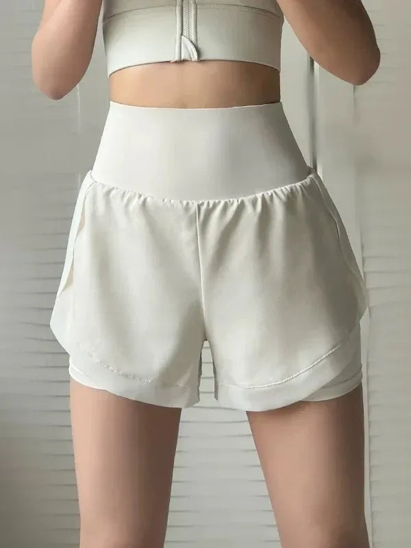 white Front view of women’s 2-in-1 running shorts showing the breathable outer layer and high-waisted fit - BetterPlace