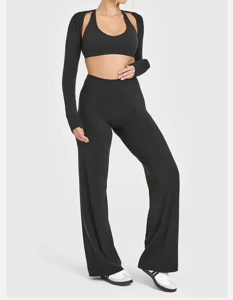 Front view of women's high-waisted fitness set showing the fit and v-neck design black - BetterPlace