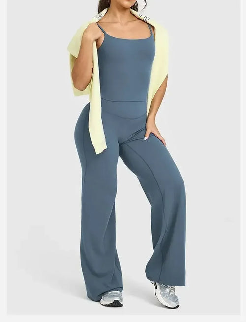 Front view of women's high-waisted fitness set showing the fit and v-neck design blue- BetterPlace